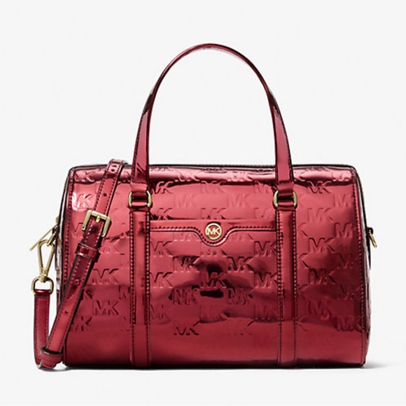 MICHAEL KORS Jet Set Medium Metallic Logo Debossed Satchel
Cherry 
NWT - Picture 6 of 16